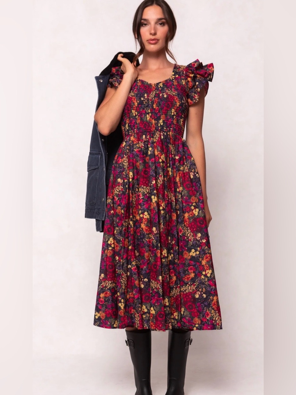 Ivy City Co. 100% Cotton Hattie Dress in Night Garden Floral Smocked Midi Small - Picture 9 of 9
